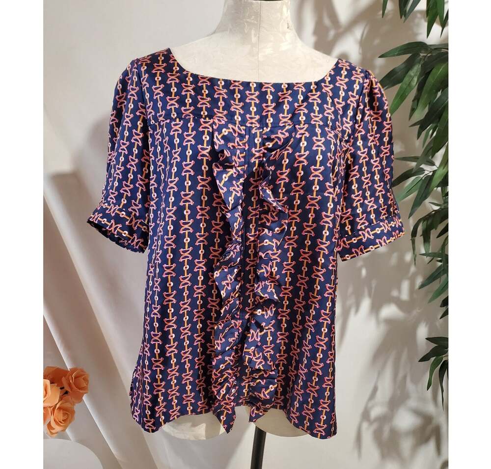 Lilly Pulitzer Lil Bit Equestrian Print Silk Ruffle Blouse Sz 14 Blue Pink Horse
